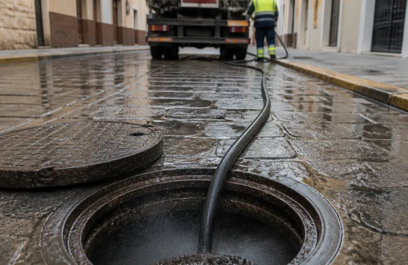 Técnico de espalda limpiando un tramo de alcantarillado en Sevilla con manguera hidráulica