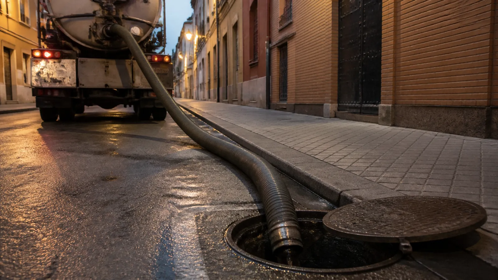 Intervención urgente de desatasco en una calle de Sevilla, con manguera de succión en una arqueta